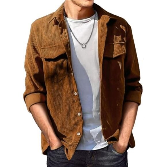 Men's Corduroy Button Down Shirts Long Sleeve Shacket Jacket with Flap Pockets